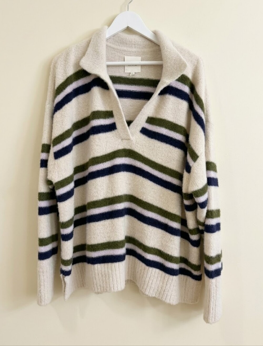 Aerie Striped Polo V-Neck Oversized Slouchy Knit Sweater Medium